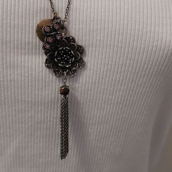 Lucky Brand Boho Chic Flower Rhinestone Cross Tasseled Necklace Vintage 90s - Picture 1 of 7